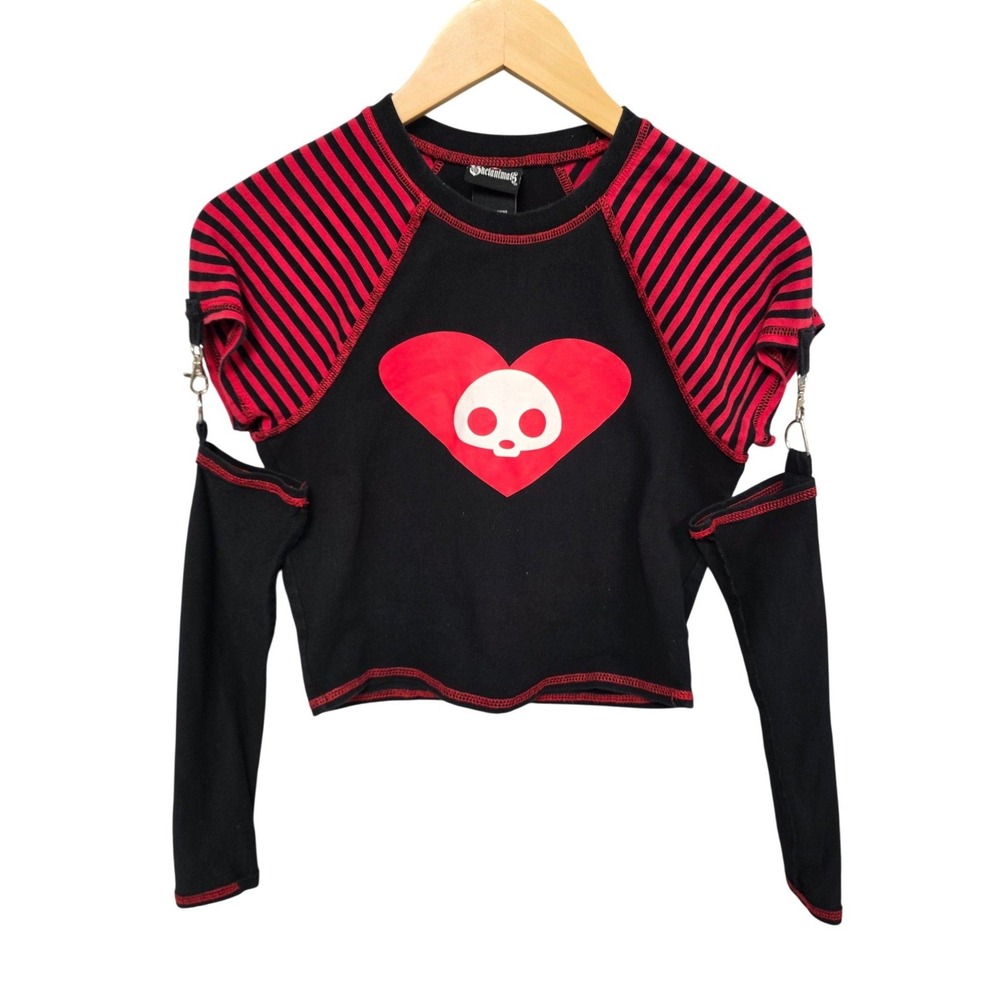 Skelanimals Crop Top Women XS Black Red Goth Emo Scene Punk Grunge Y2K Alt Style